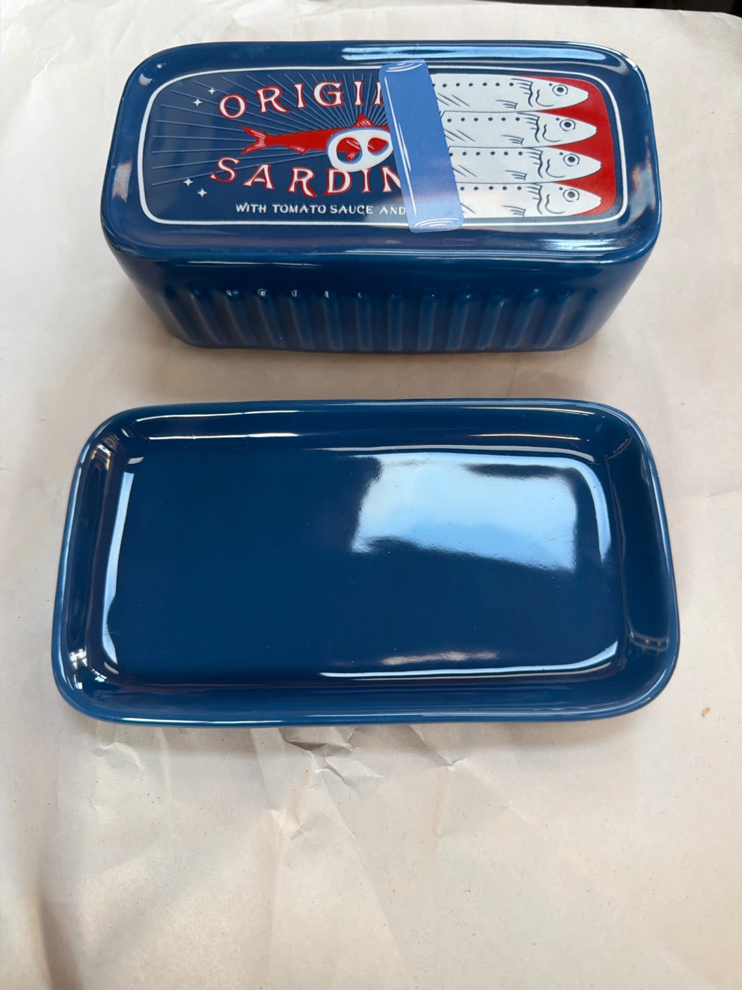 Blue Sardine Tin Butter Dish with Salt & Pepper Shakers - photo 5