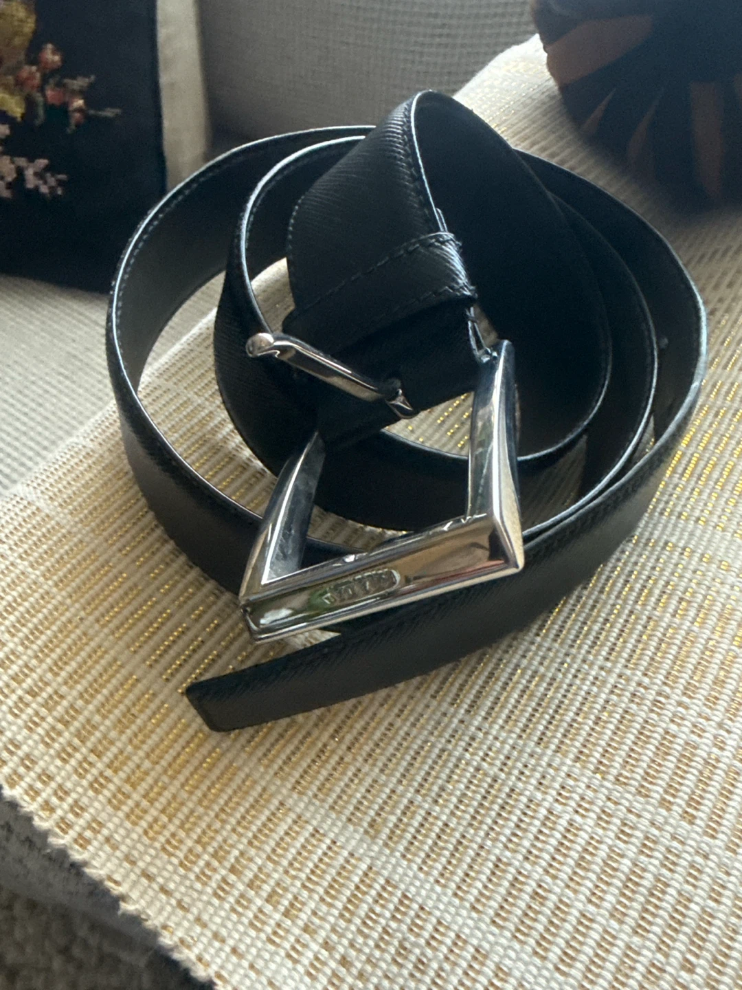 Black Leather Belt with Silver Buckle. Prada