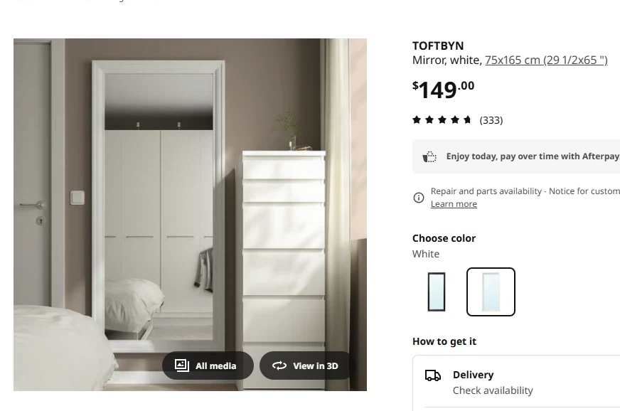 IKEA TOFTBYN Mirror - White, 75x165 cm