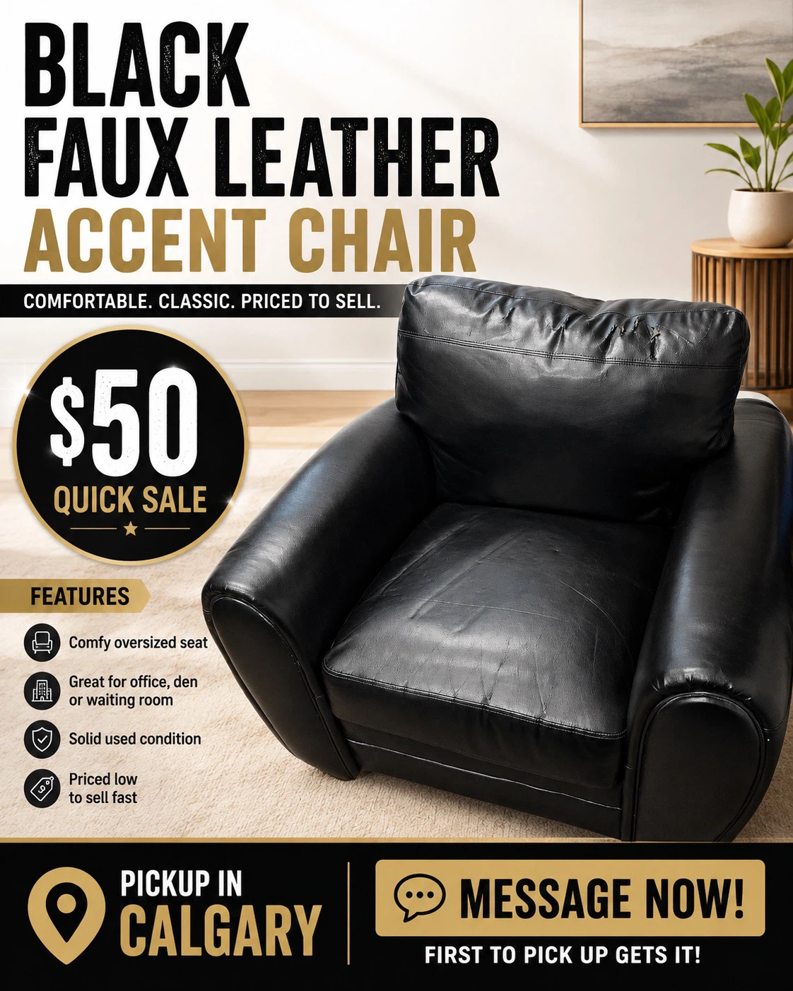 Black Faux Leather Armchair – Oversized Office Living Room Chair