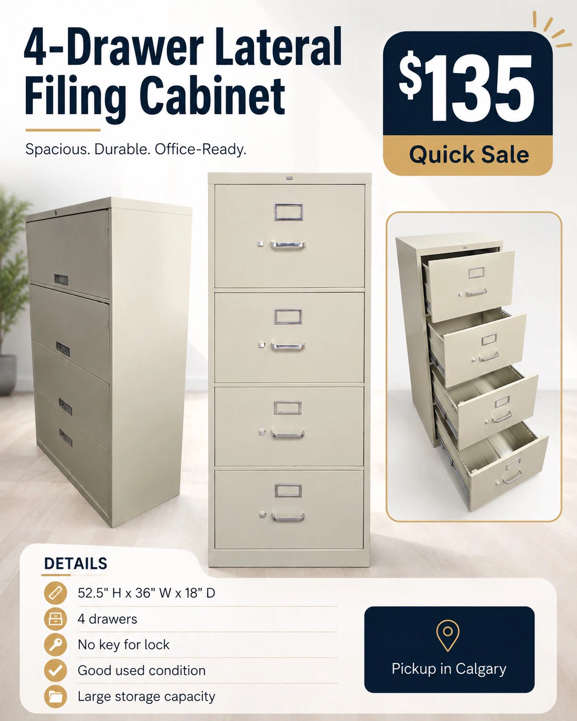 Heavy-Duty 4-Drawer Lateral Filing Cabinet – 36” sWide – $135
