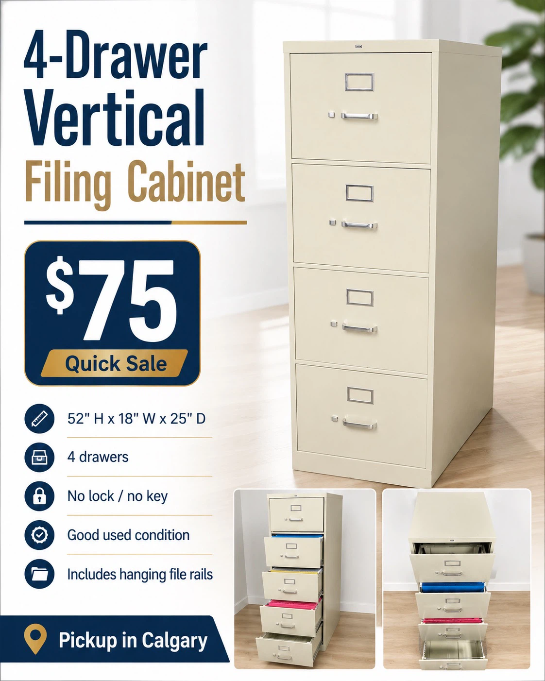 4-Drawer Metal Filing Cabinet – Hanging File Rails – $50