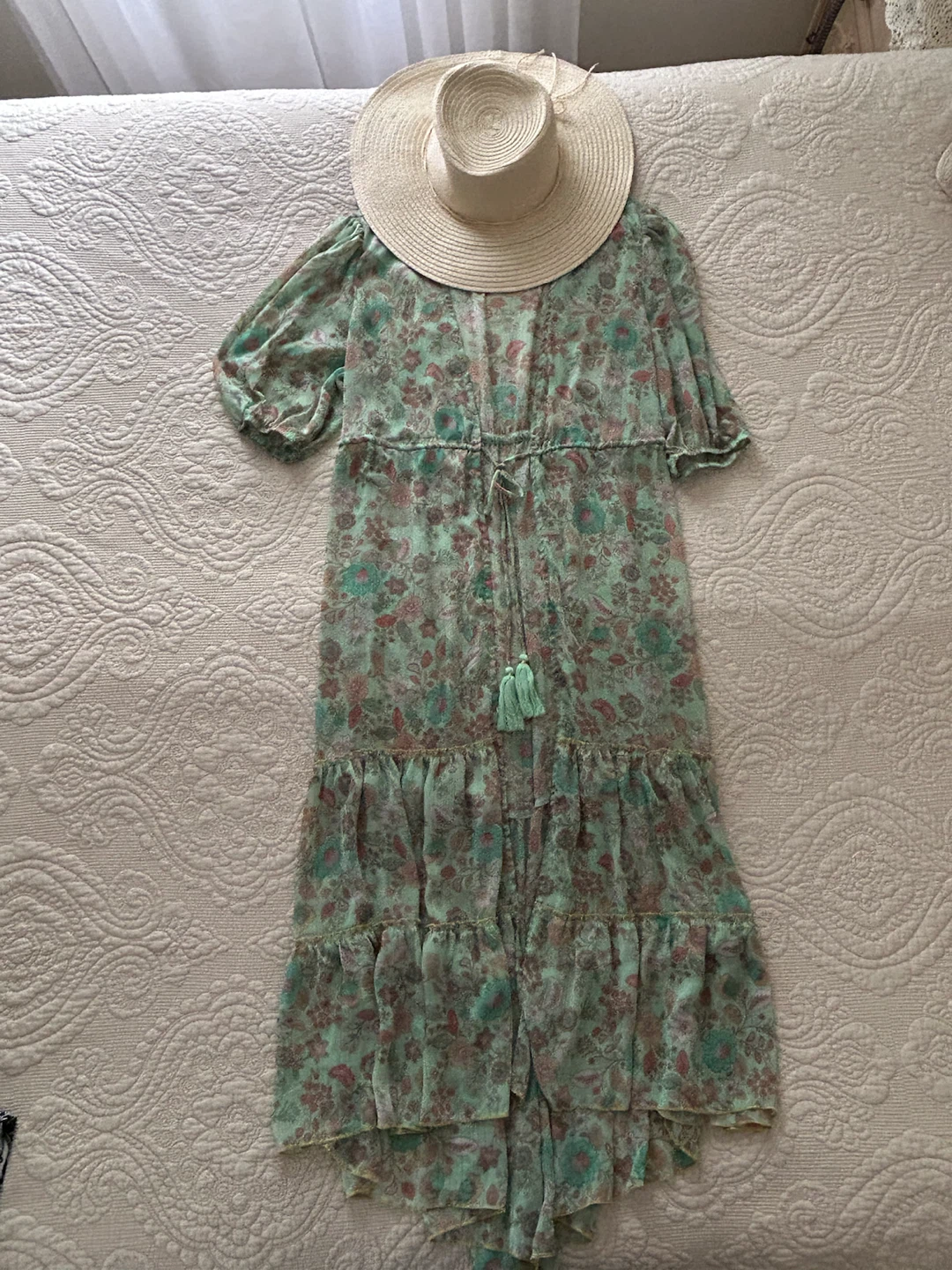 Beautiful Aqua Floral Maxi Swim Cover-Up / Beach Dress