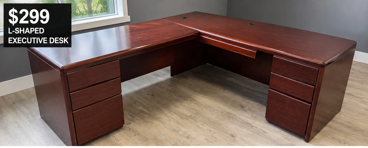 Large eExecutive L-Shaped Office Desk – Mahogany Finish