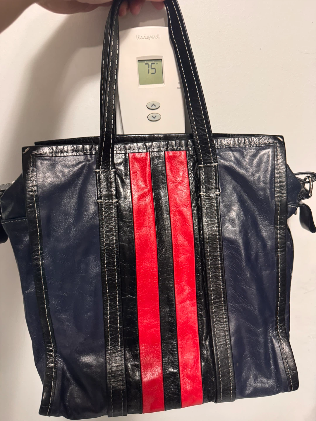 Balenciaga Navy and Red Striped Leather Tote Bag - photo 4