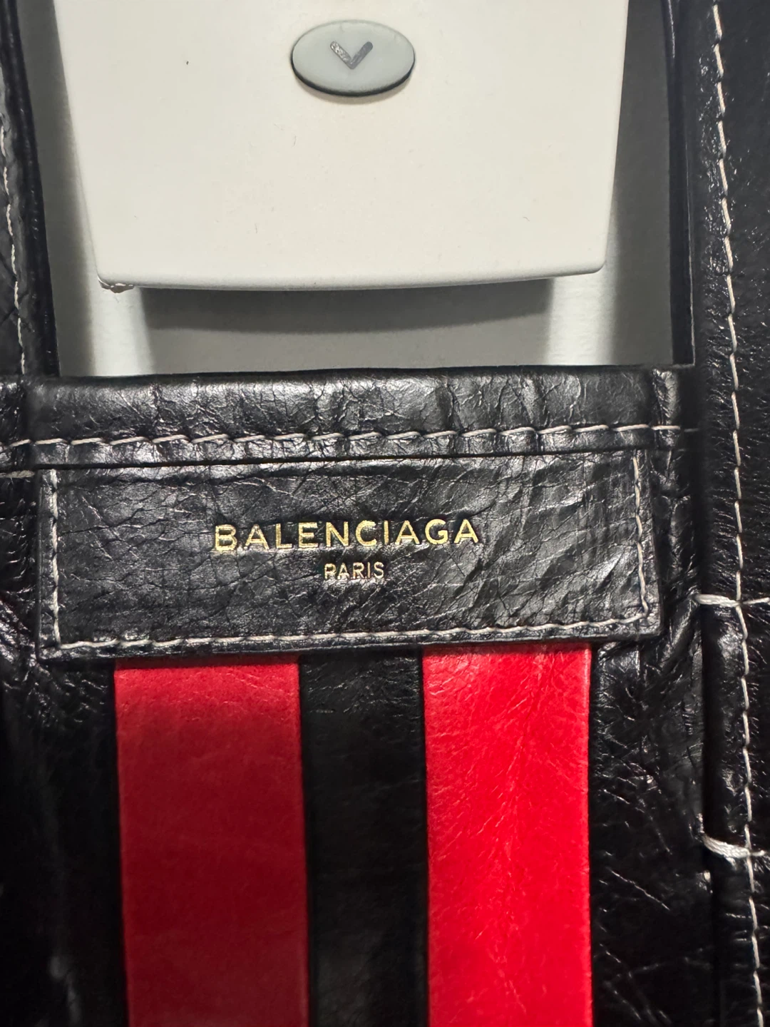 Balenciaga Navy and Red Striped Leather Tote Bag - photo 2