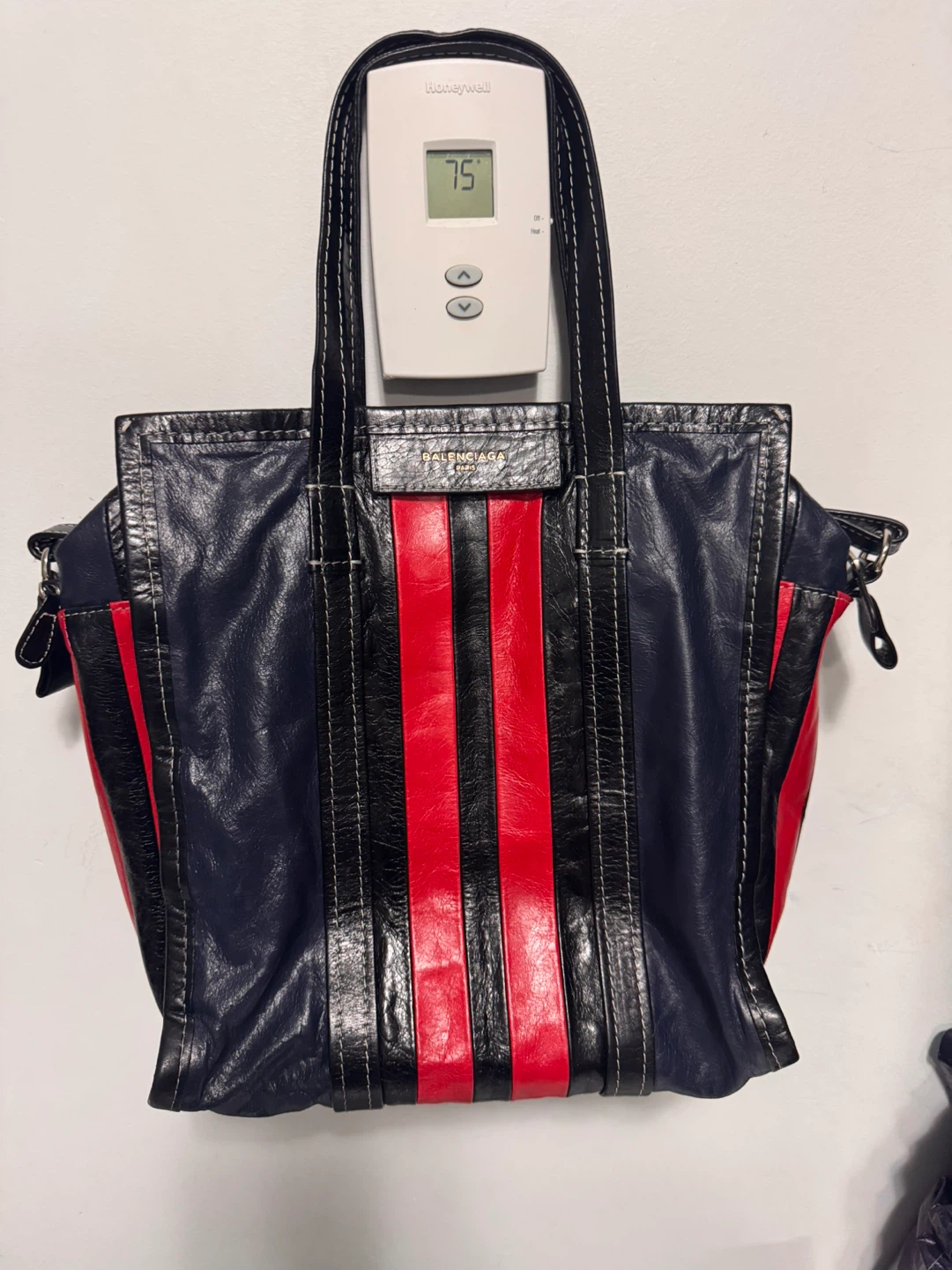 Balenciaga Navy and Red Striped Leather Tote Bag