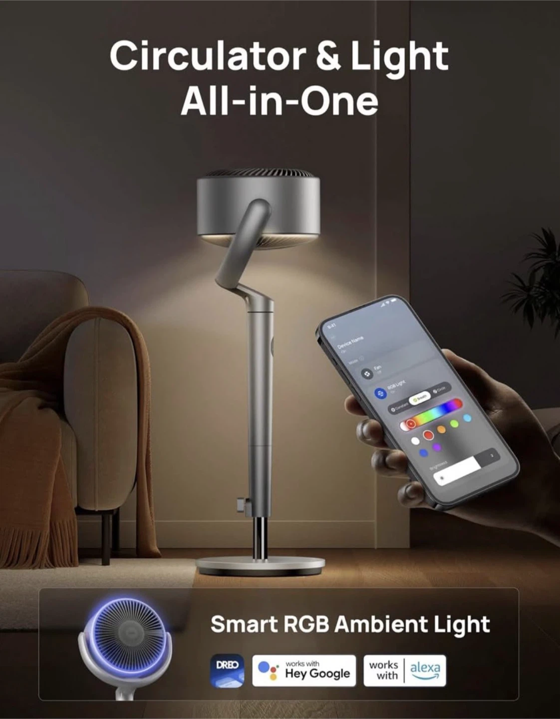 Dreo Quiet Oscillating Fan with RGB light - photo 3