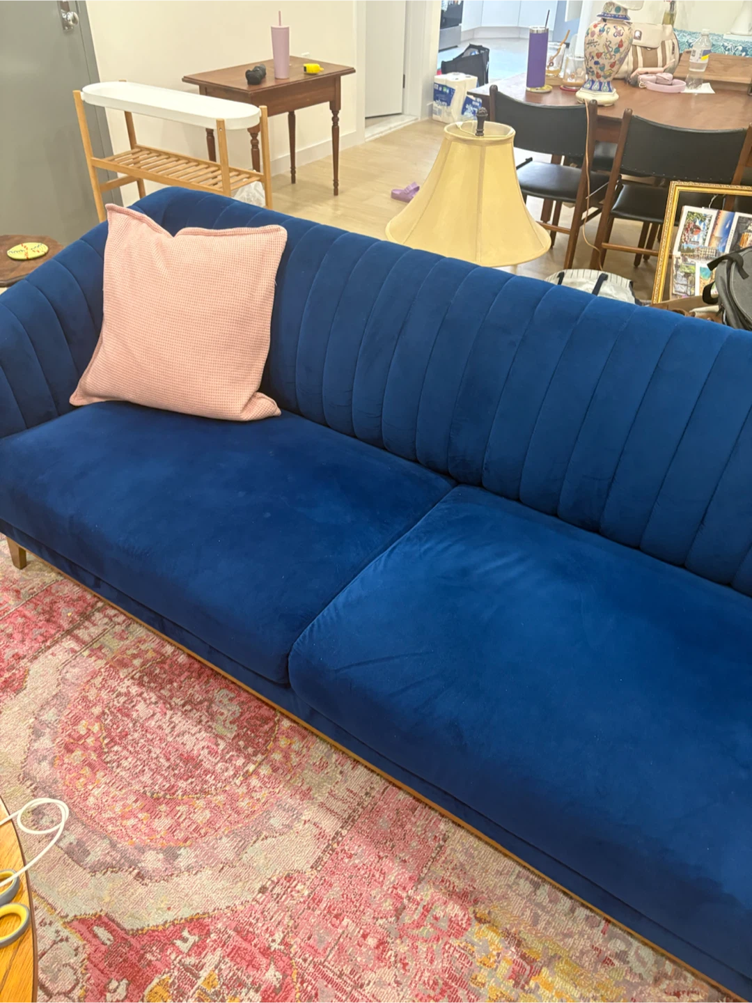 Blue Velvet Sofa with Channel Tufting