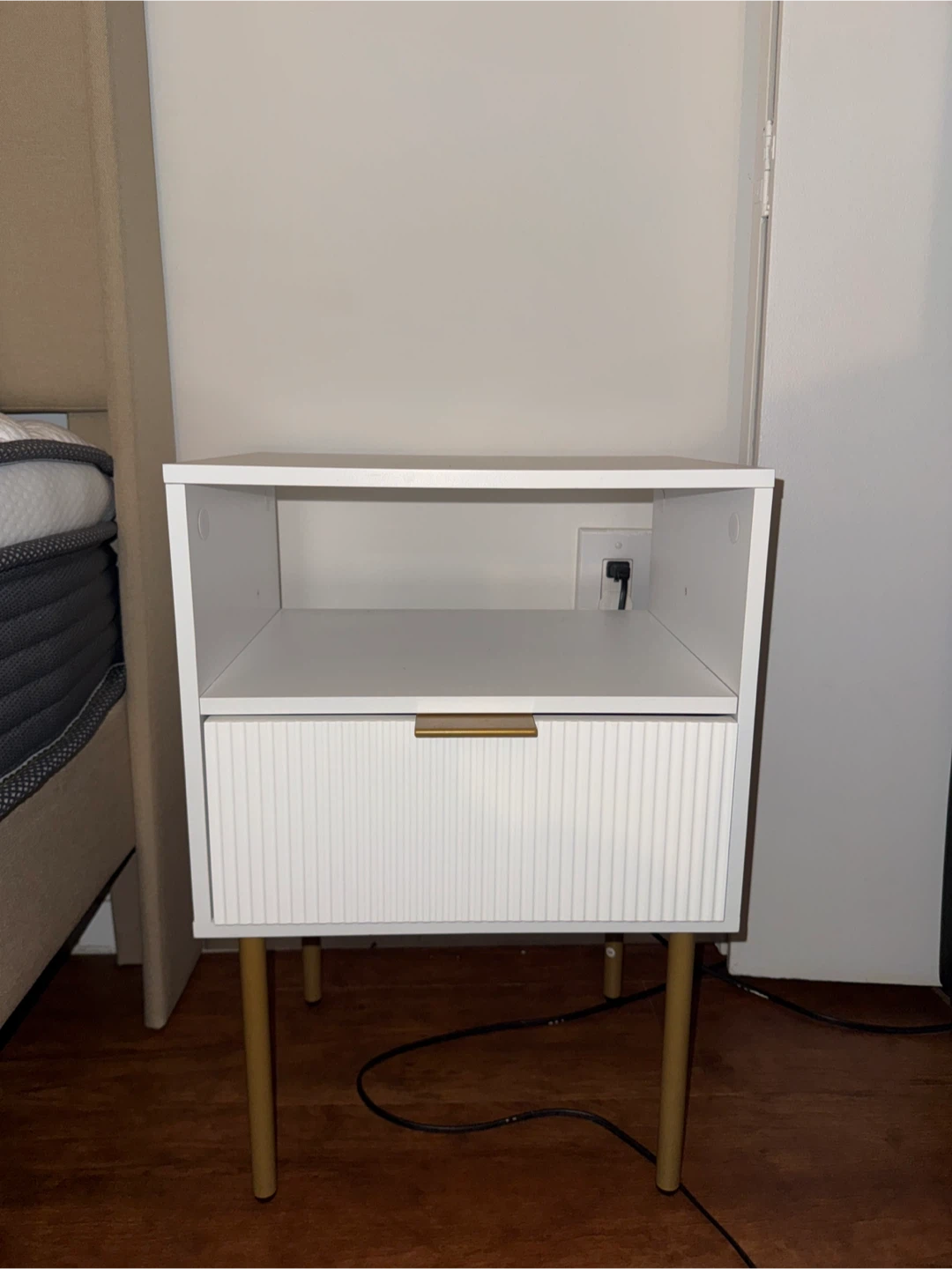 White Nightstand with Gold Drawer Pull and Legs