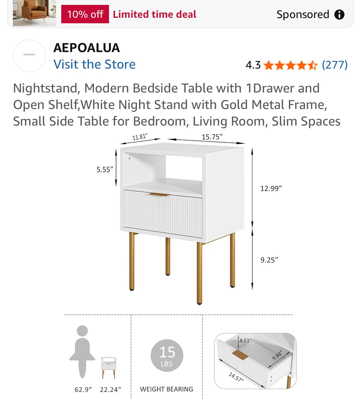 White Nightstand with Gold Drawer Pull and Legs - photo 4