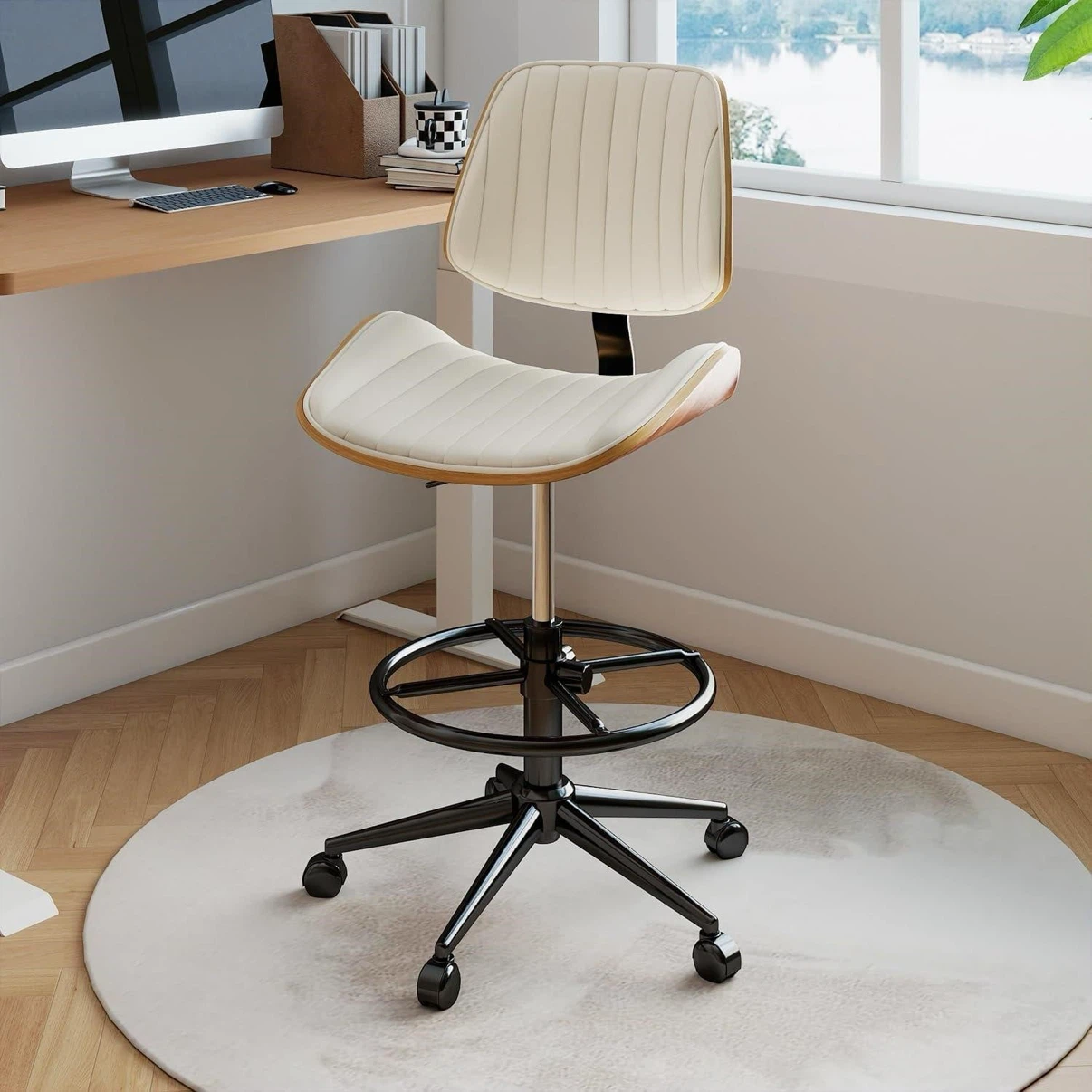 Adjustable Drafting Stool Chair - Cream Leatherette