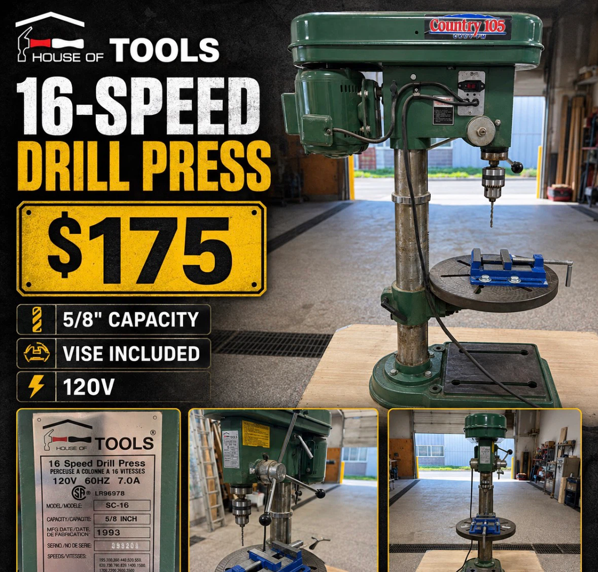 HOUSE OF TOOLS 16-SPEED FLOOR DRILL PRESS + VISE