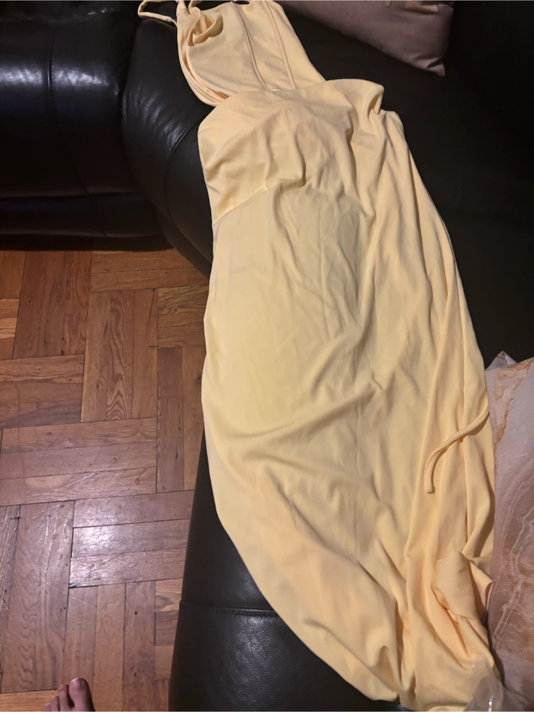 Yellow Ruffled Ruched Midi Dress XS