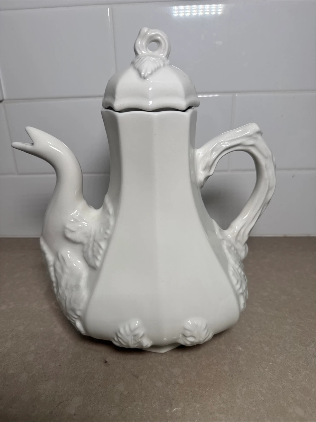 Red Cliff White Ironstone Coffee Teapot Grape Leaf Flawless