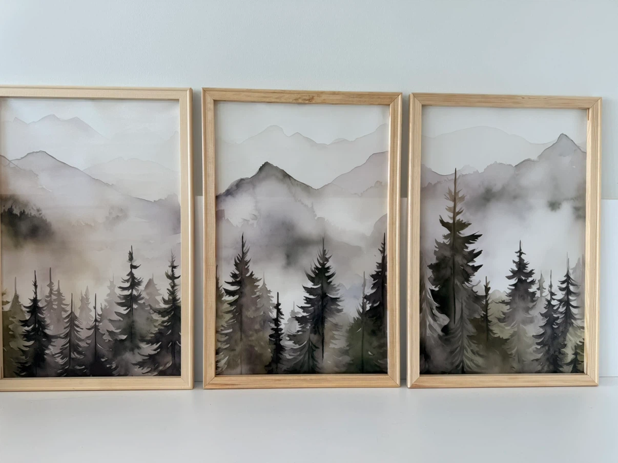 Set of 3 Framed Mountain and Forest Art Prints