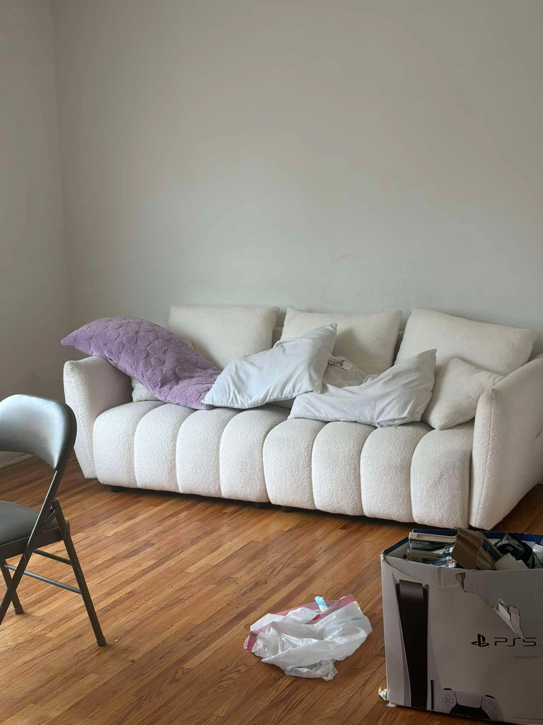 White Boucle Sofa with Channel Tufting