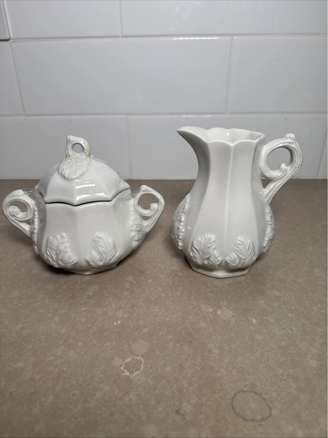 RED CLIFF White Ironstone Grape Creamer and Sugar Bowl & Lid