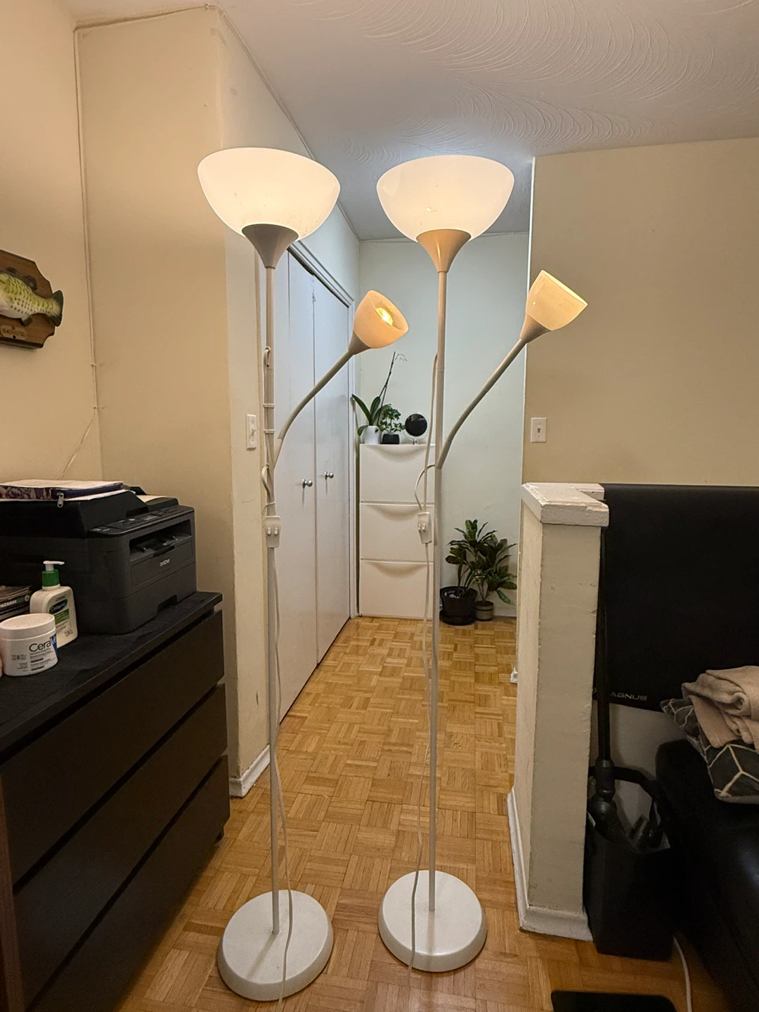 2 White Floor Lamps with Adjustable Reading Lights