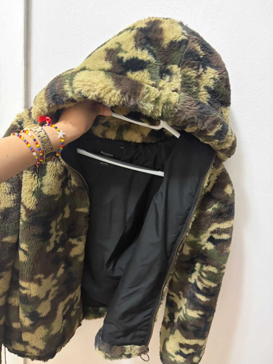 Bershka Camo Fleece Hooded Jacket