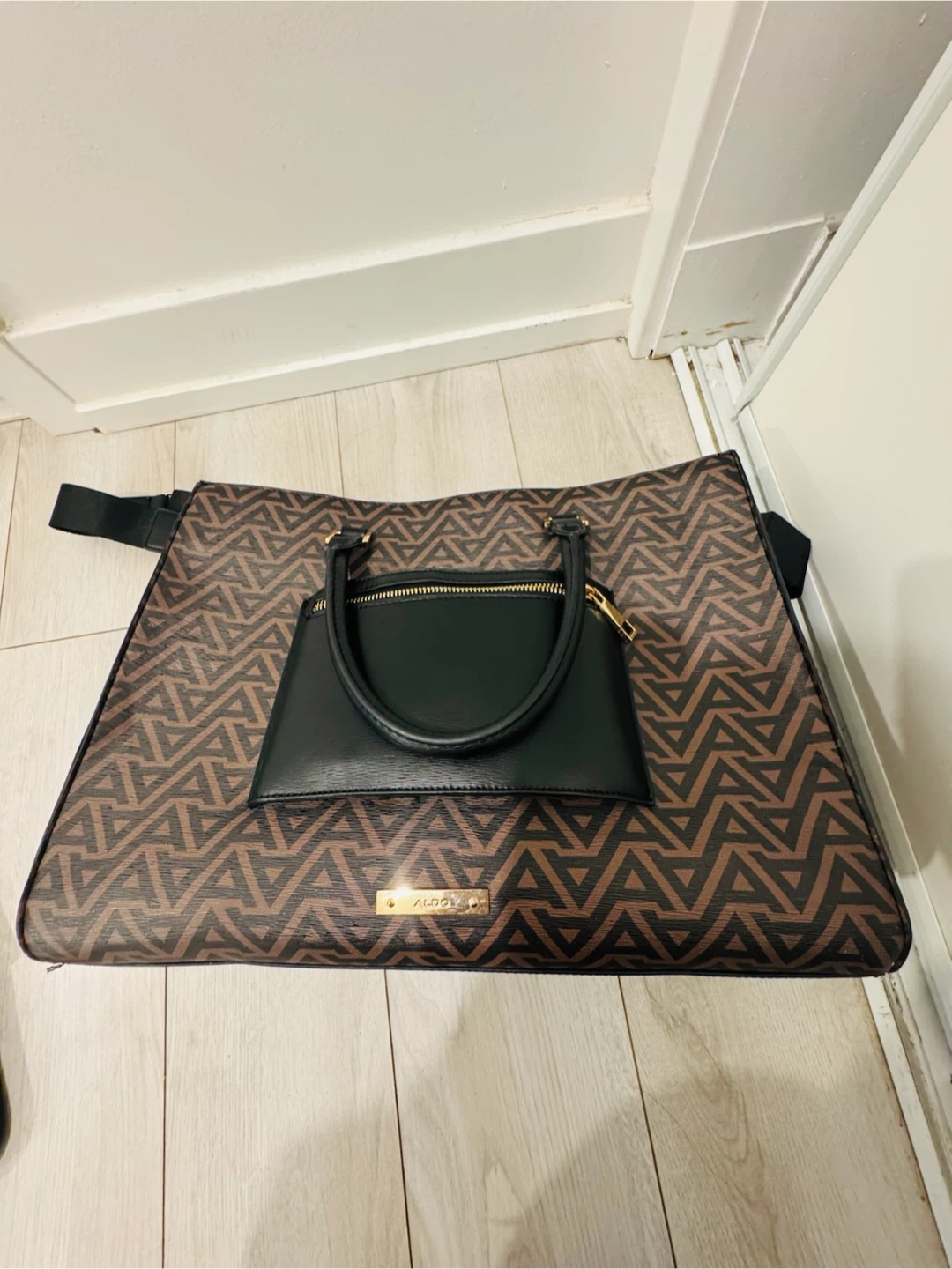 ALDO Tote Bag - Brown and Black Geometric Pattern