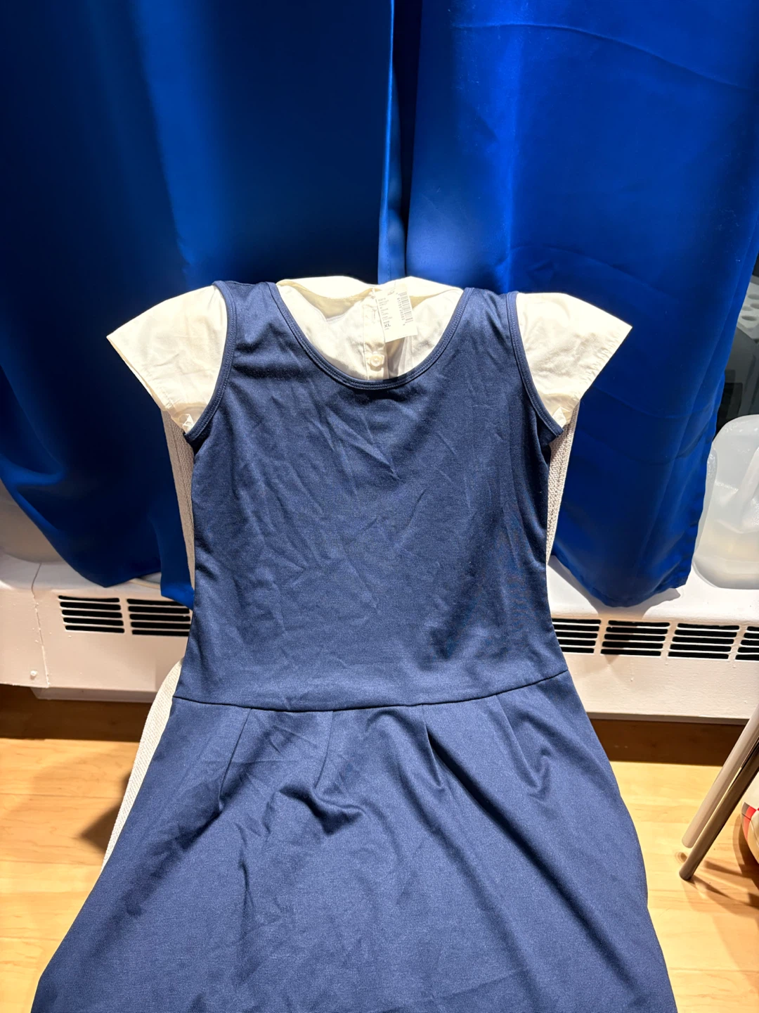 Navy Blue Pinafore Dress with White Collared Shirt