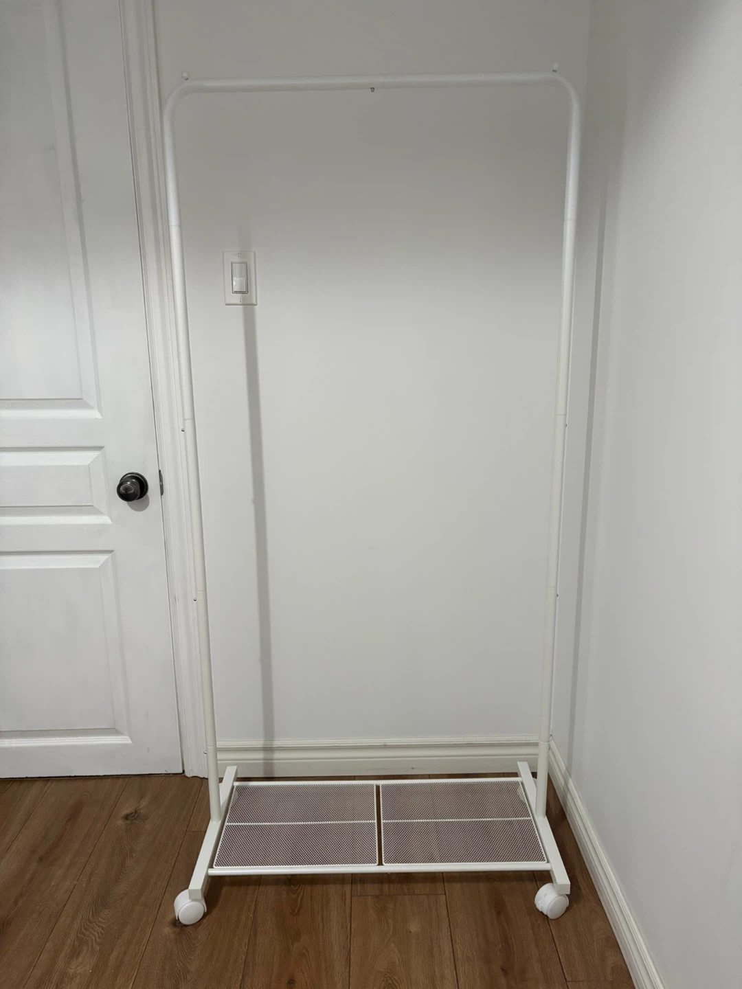 White Clothing Rack with Wheels – Moving Sale