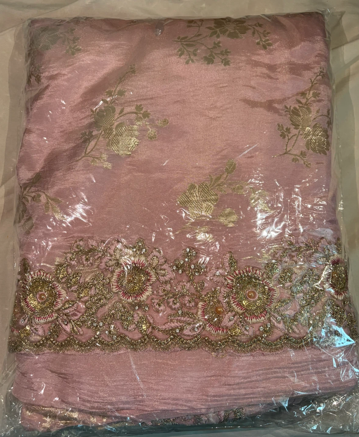 Pink Chiffon Saree with Gold Border and Medium Blouse