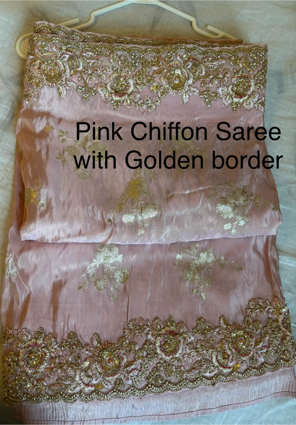 Pink Chiffon Saree with Gold Border and Medium Blouse - photo 2