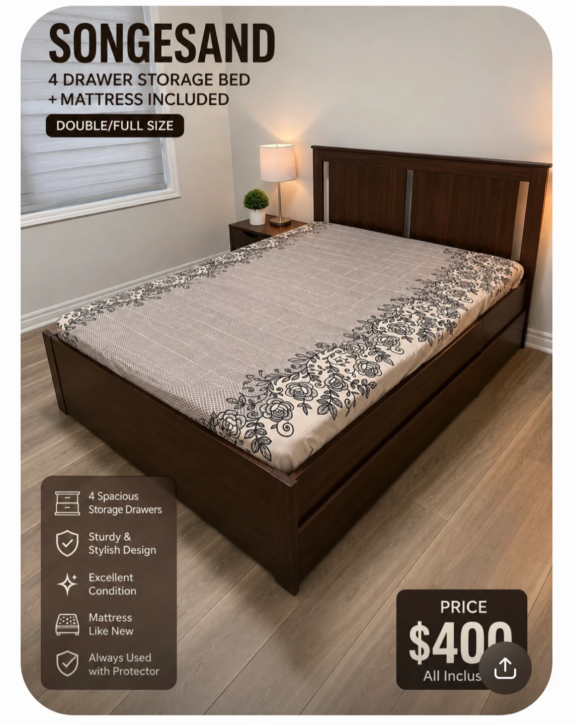SONGESAND Double/Full Storage Bed with 4 Drawers and Mattress