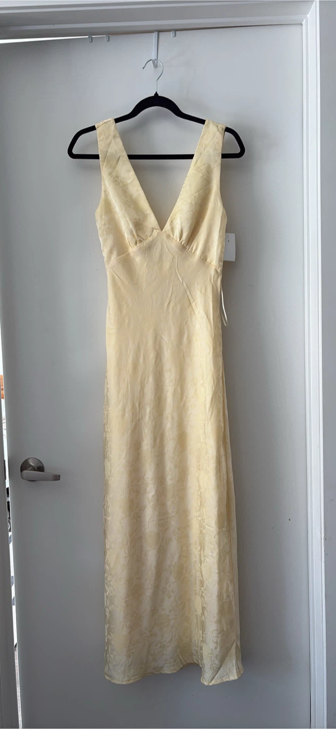 Yellow Floral Jacquard Satin Maxi Dress - Size S