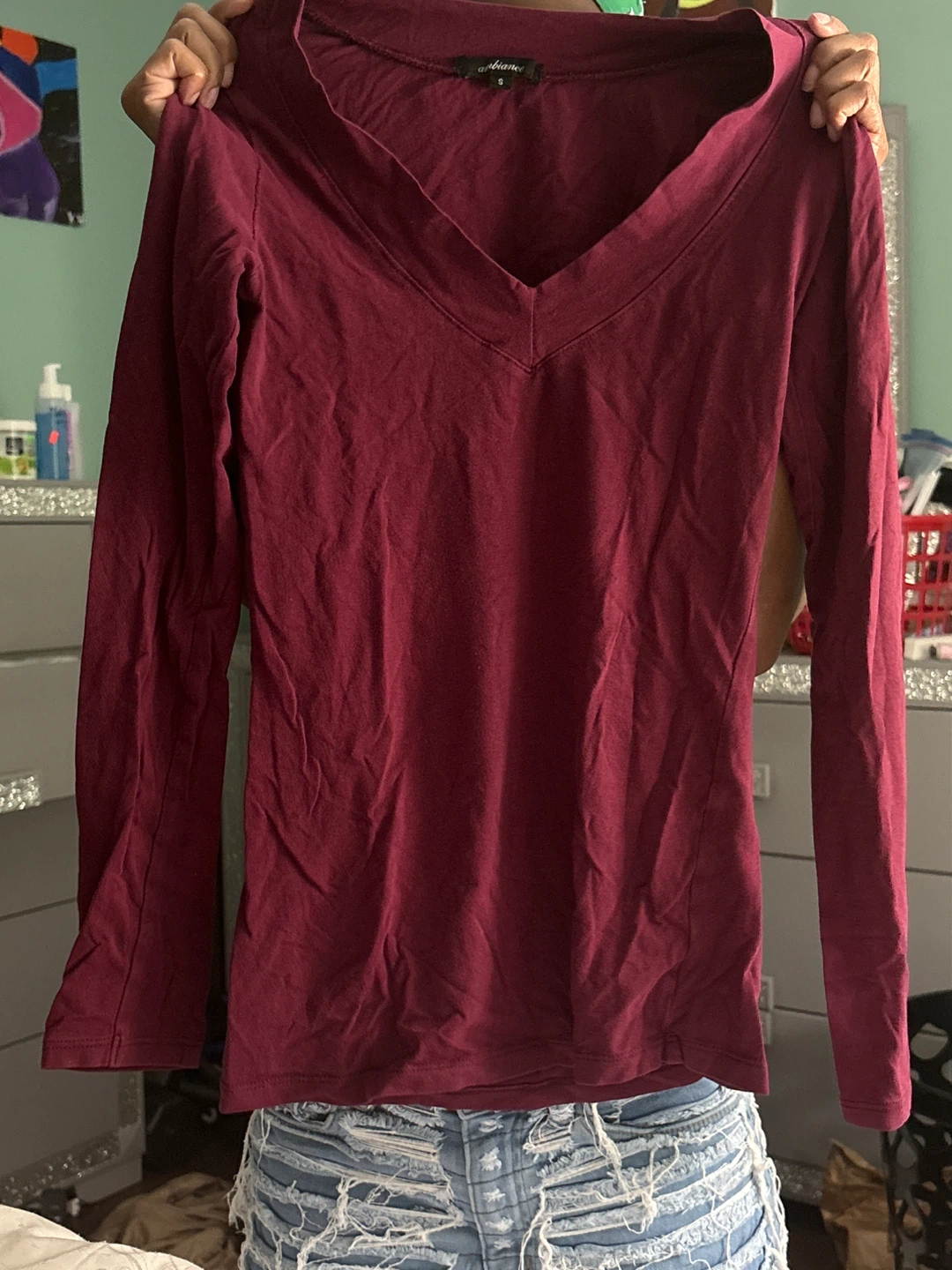Maroon V-Neck Long Sleeve Top