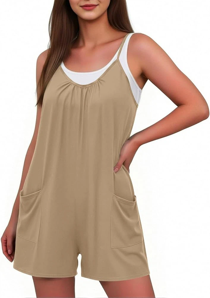 Women's Tan Spaghetti Strap Romper with Pockets