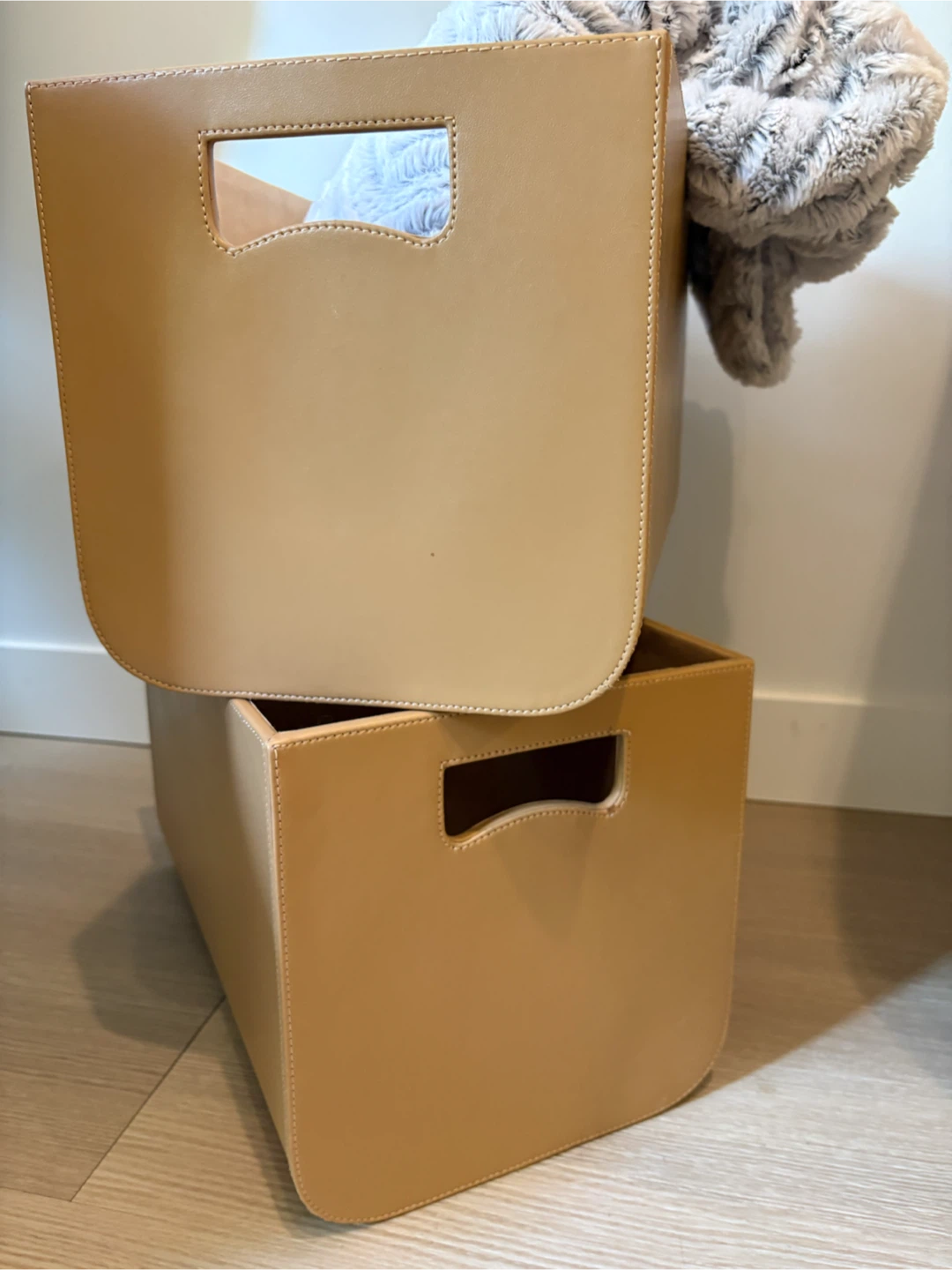 Set of 2 Tan Faux Leather Storage Bins