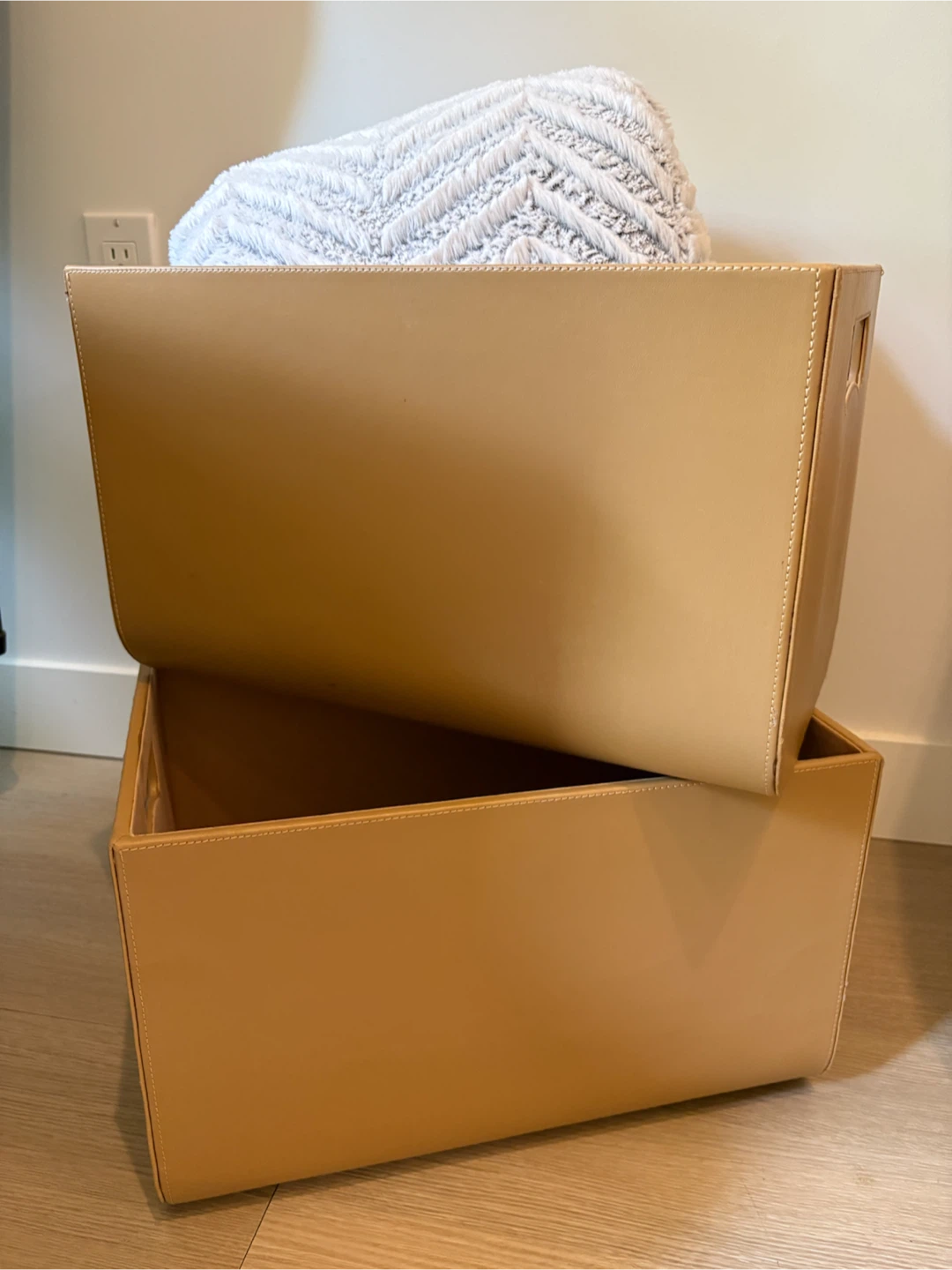 Set of 2 Tan Faux Leather Storage Bins - photo 2