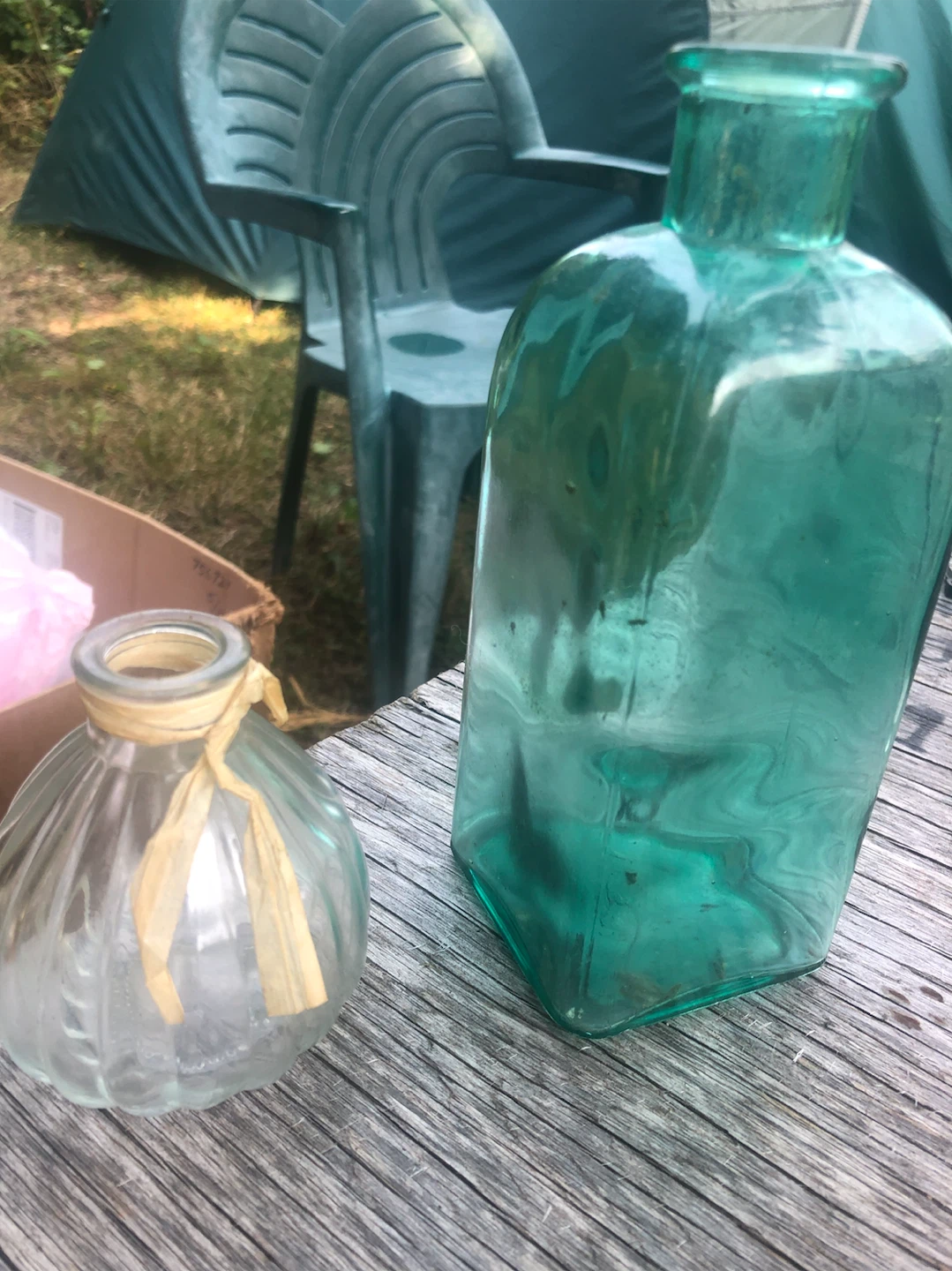 Vintage Blue Glass Bottle and Small Ribbed Vase