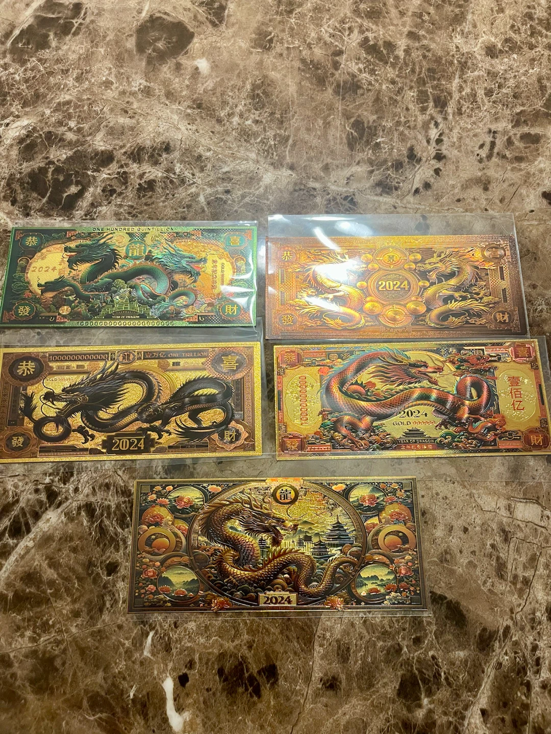 Set of 5 Chinese Dragon Year Gold Banknotes
