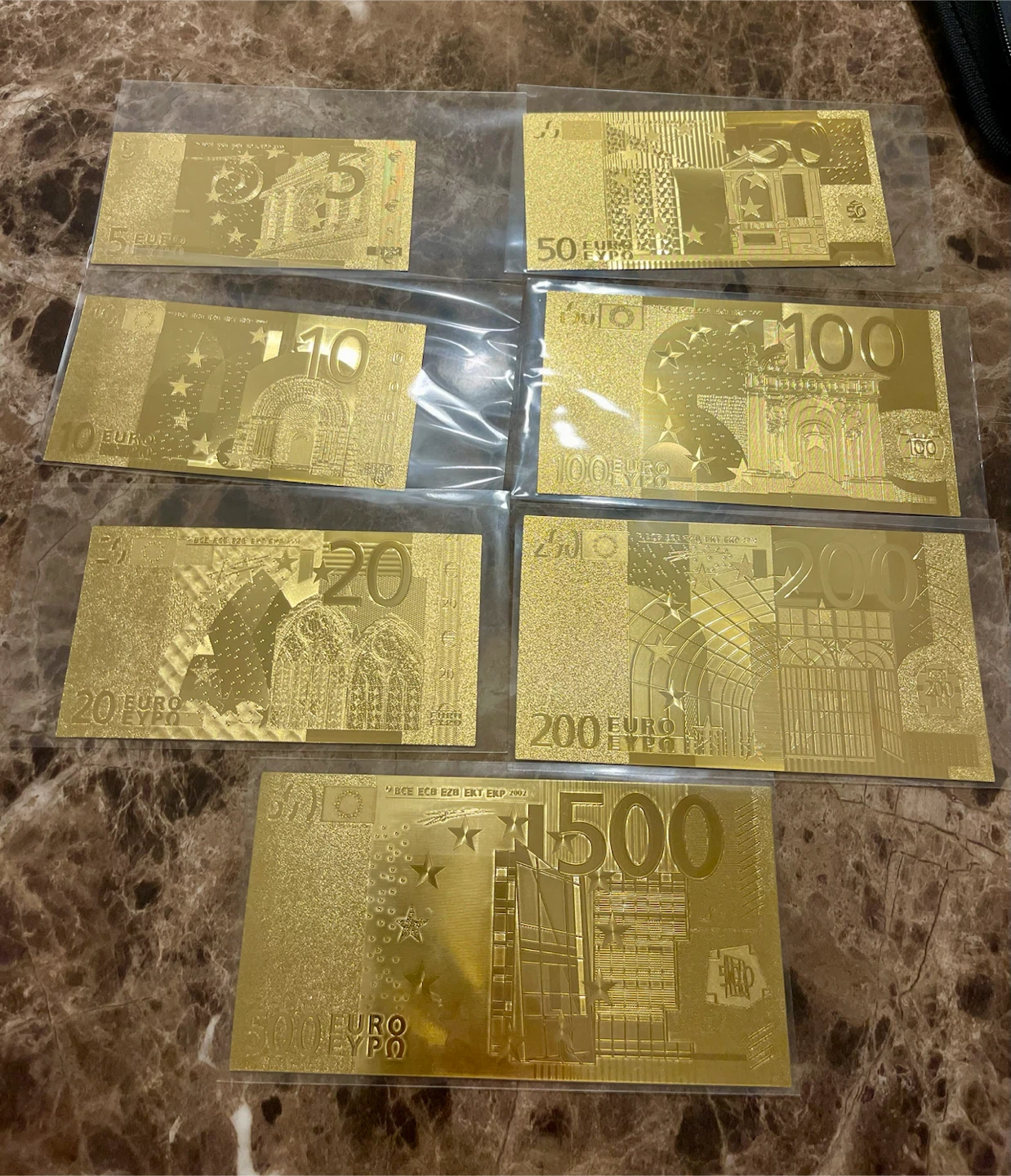 Gold Euro Banknote Collection (5, 10, 20, 50, 100, 200, 500)