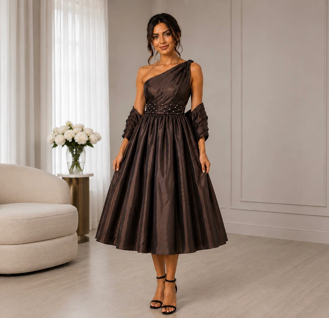 Brown One-Shoulder Dress with Pearl Embellishment, XS