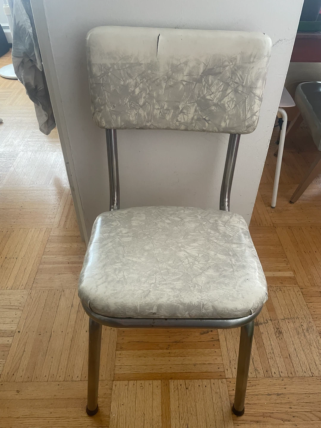 Retro Kitchen Chair with White Patterned Vinyl Seat