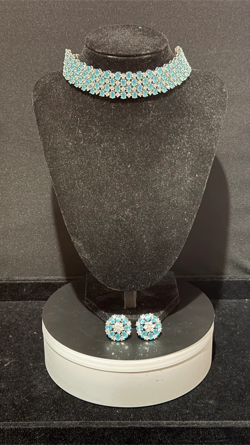 Blue Gemstone Choker Necklace and Earrings Set