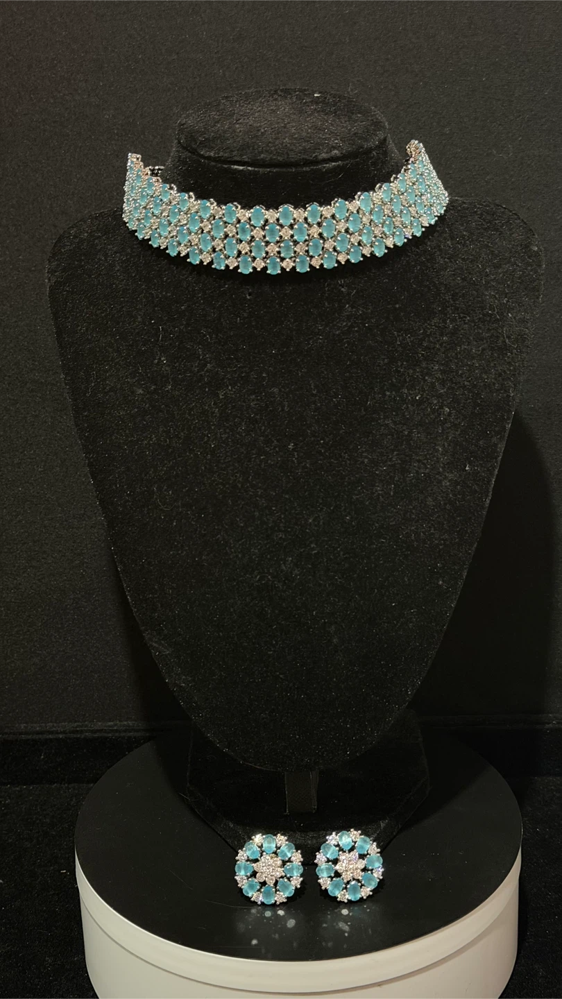Blue Gemstone Choker Necklace and Earrings Set - photo 2