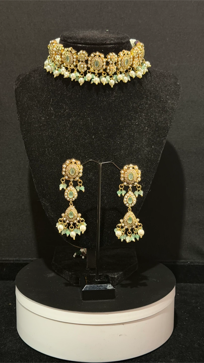 Gold plated Earrings with Green Stones and Pearls