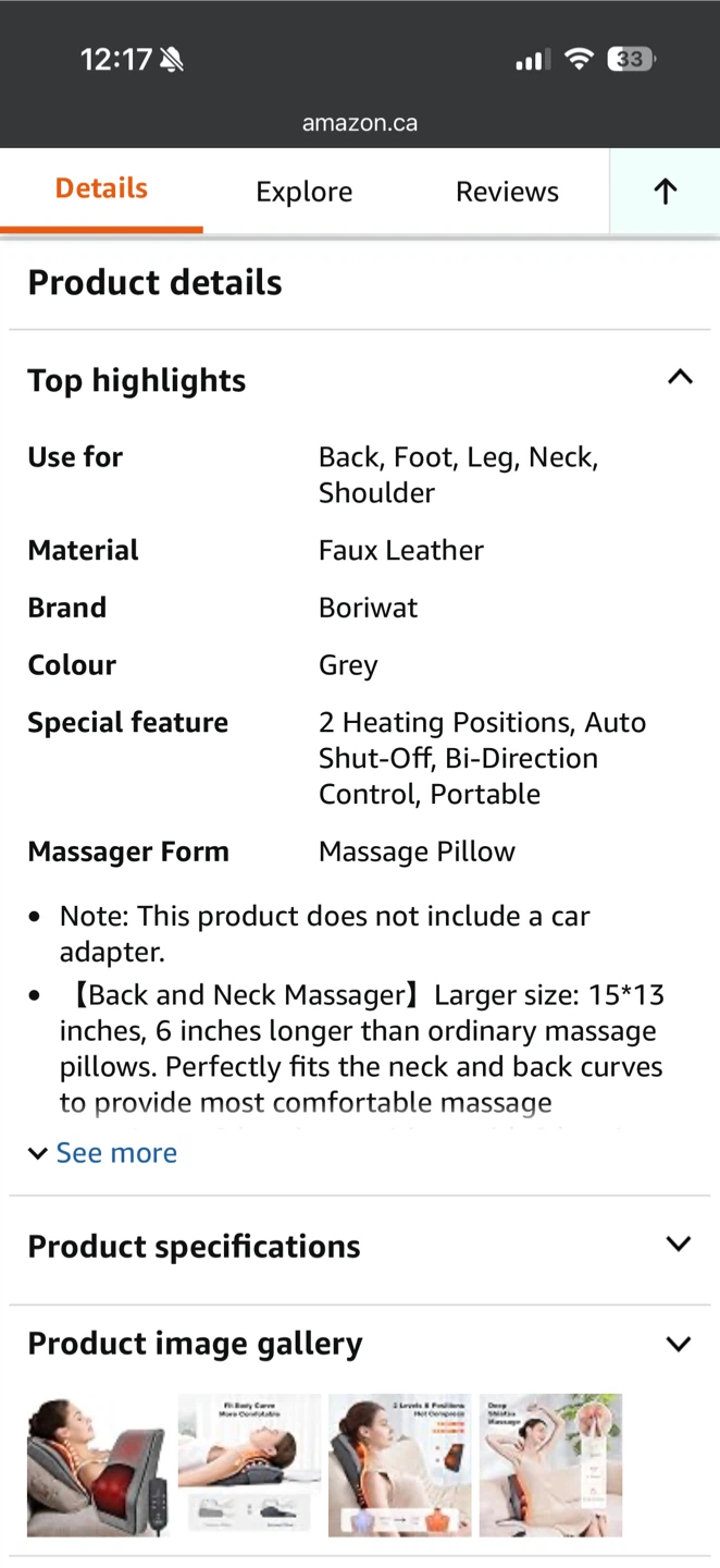 Boriwat Shiatsu Massage Cushion with Heat - Grey - photo 5