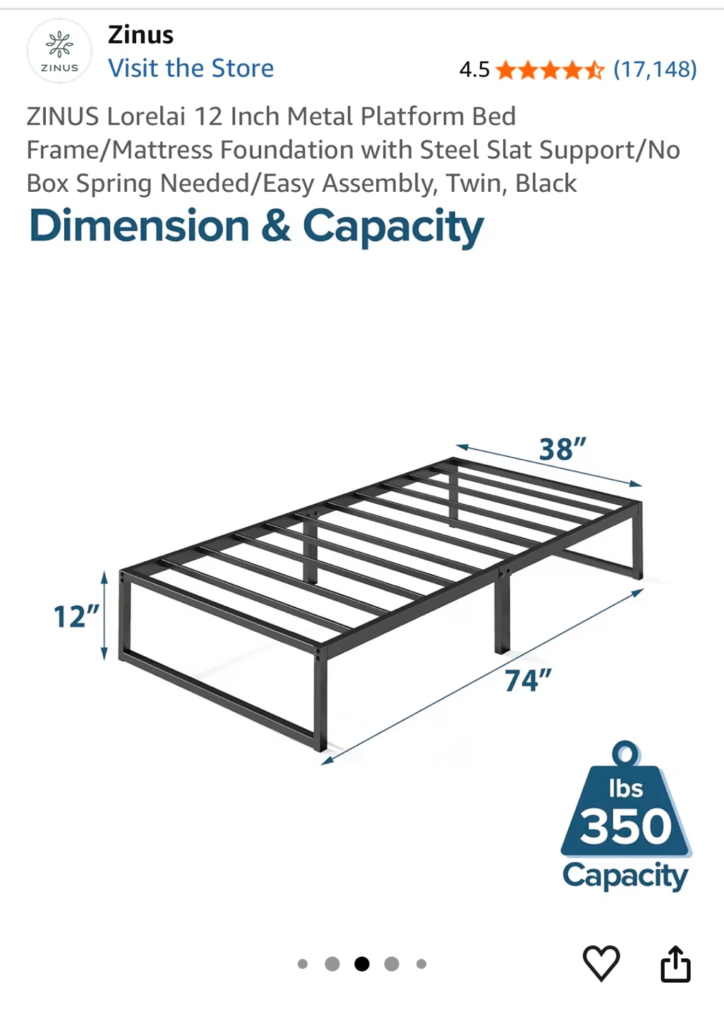 Zinus Loralai 12 Inch Metal Platform Bed Frame, Twin, Black - photo 2
