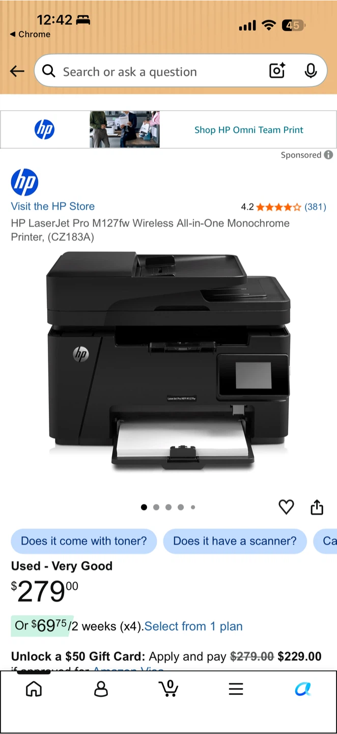 HP LaserJet Pro M127fw Wireless Monochrome Printer