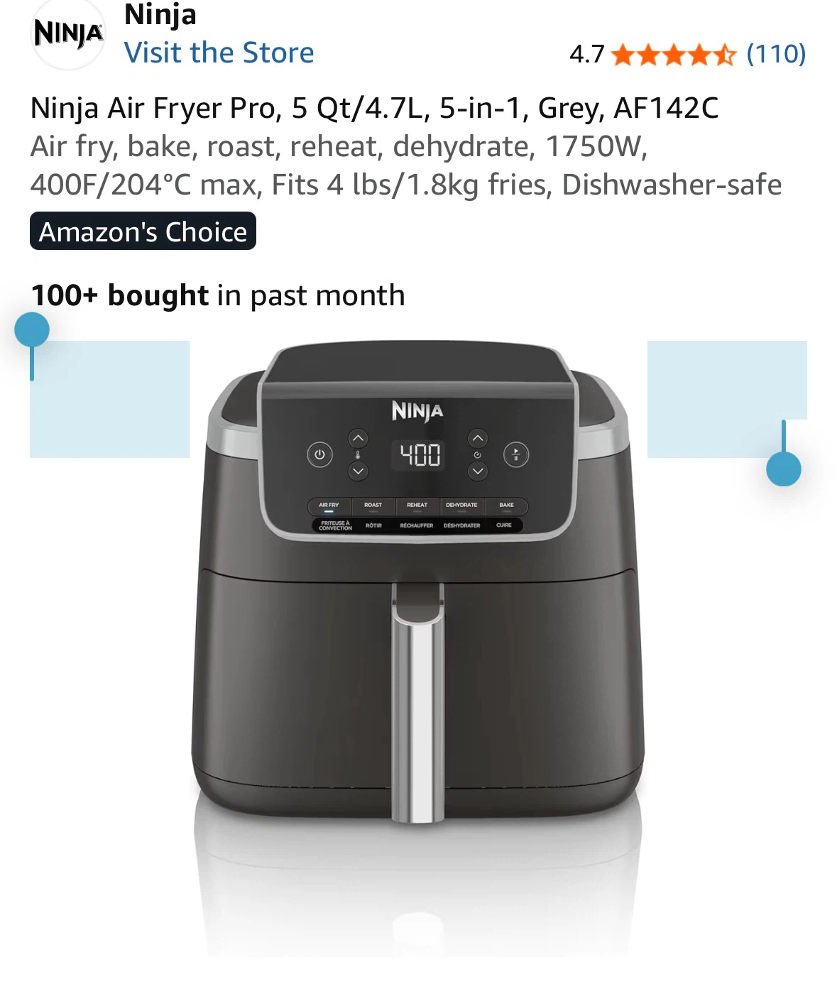 Ninja Air Fryer Pro, 4.7 Qt, 5-in-1, Grey, AF142C - photo 3
