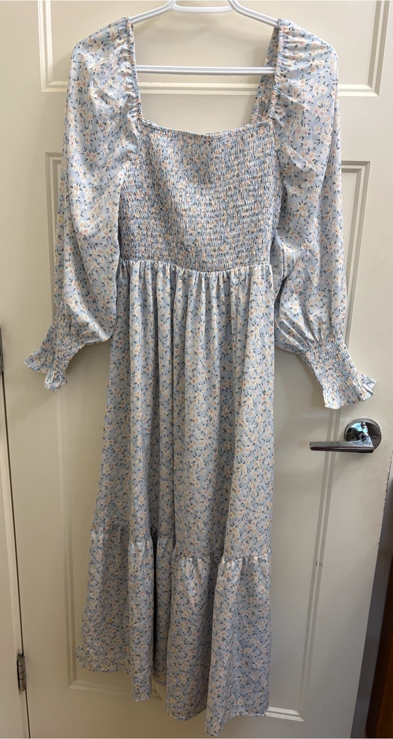 Light Blue Floral Smocked Midi Dress
