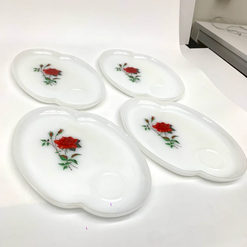 Set of 4 Vintage Milk Glass Rose Dessert Plates
