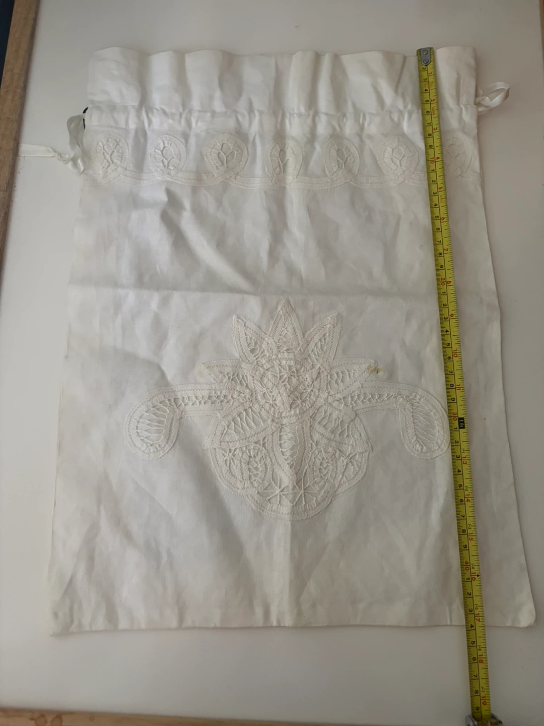 Vintage Battenberg Lace White Drawstring Bag